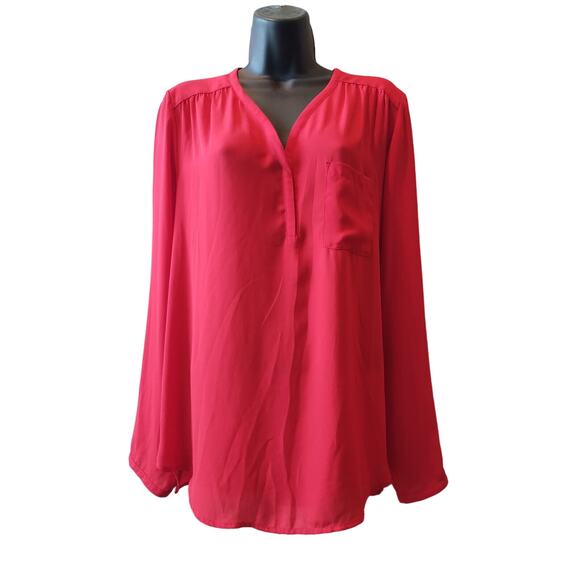 Pleione Women's red Long Sleeve V-Neck Pocket Poly Tunic Blouse Size L - Picture 1 of 10